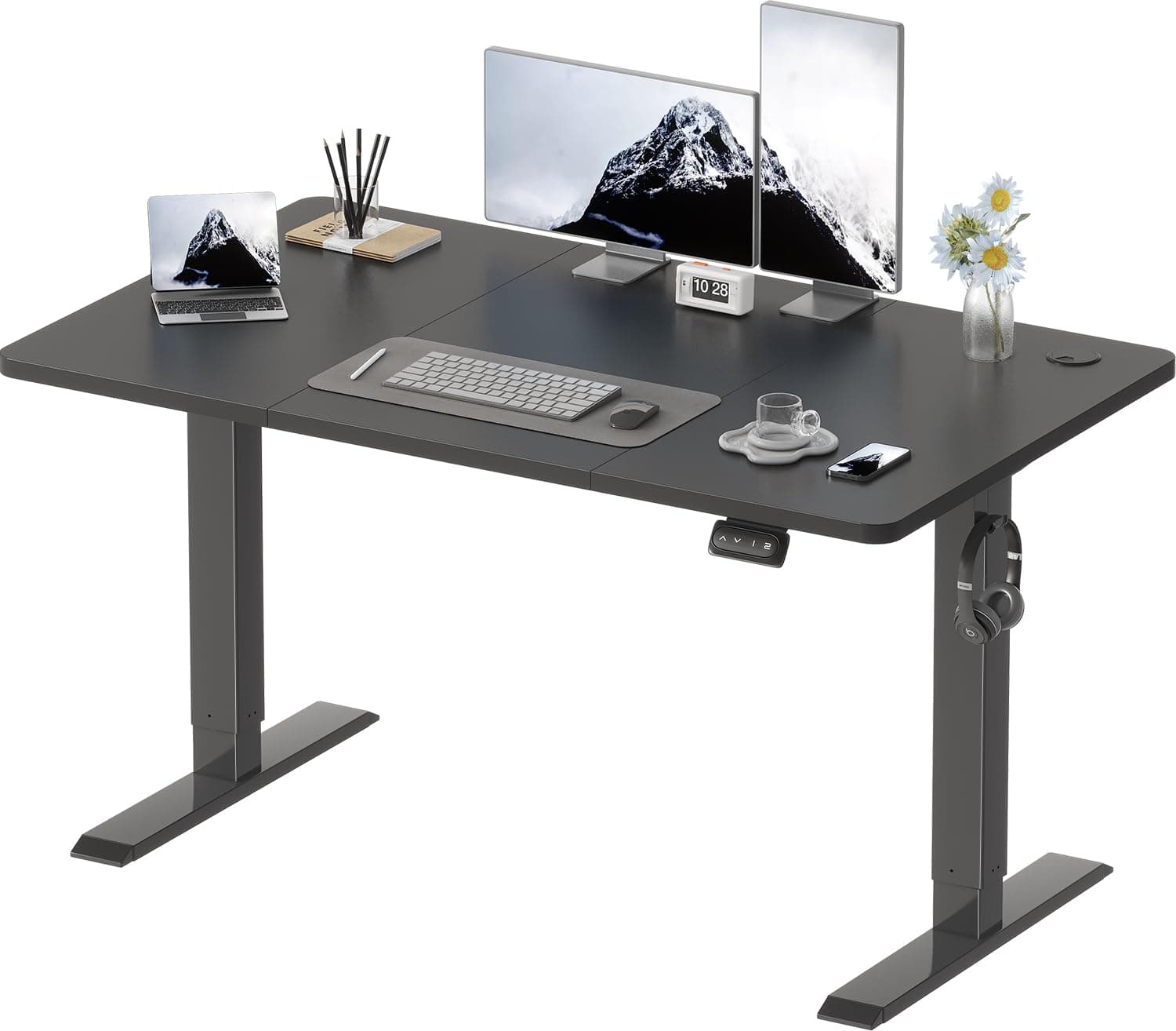 Devoko Electric Standing Desk 120x60cm Sit Stand Table Height Adjustable Desk with Backpack Hook and Memory Smart Pannel, Home Office with Splice Board, Black