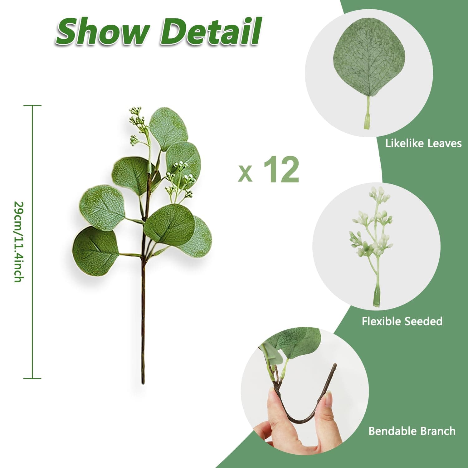 Artificial Eucalyptus Seeded Stem 12Pc Faux Greenery Leaves Branches 11.4” Silver Dollar Eucalyptus Plant Bulk for Wedding, Garden, Home, Office, Indoor Outdoor Decoration