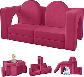wananKids Couch 10PCS, Modular Kids Play Couch for Playroom Bedroom, 10 in 1 Multifunctional Kid Sofa for Playing, Creativing, Sleeping, Indoor Toddler Couches for Boys and Girls(Rose Red)Global Recycled StandardGlobal Recycled StandardGlobal Recycled Standard