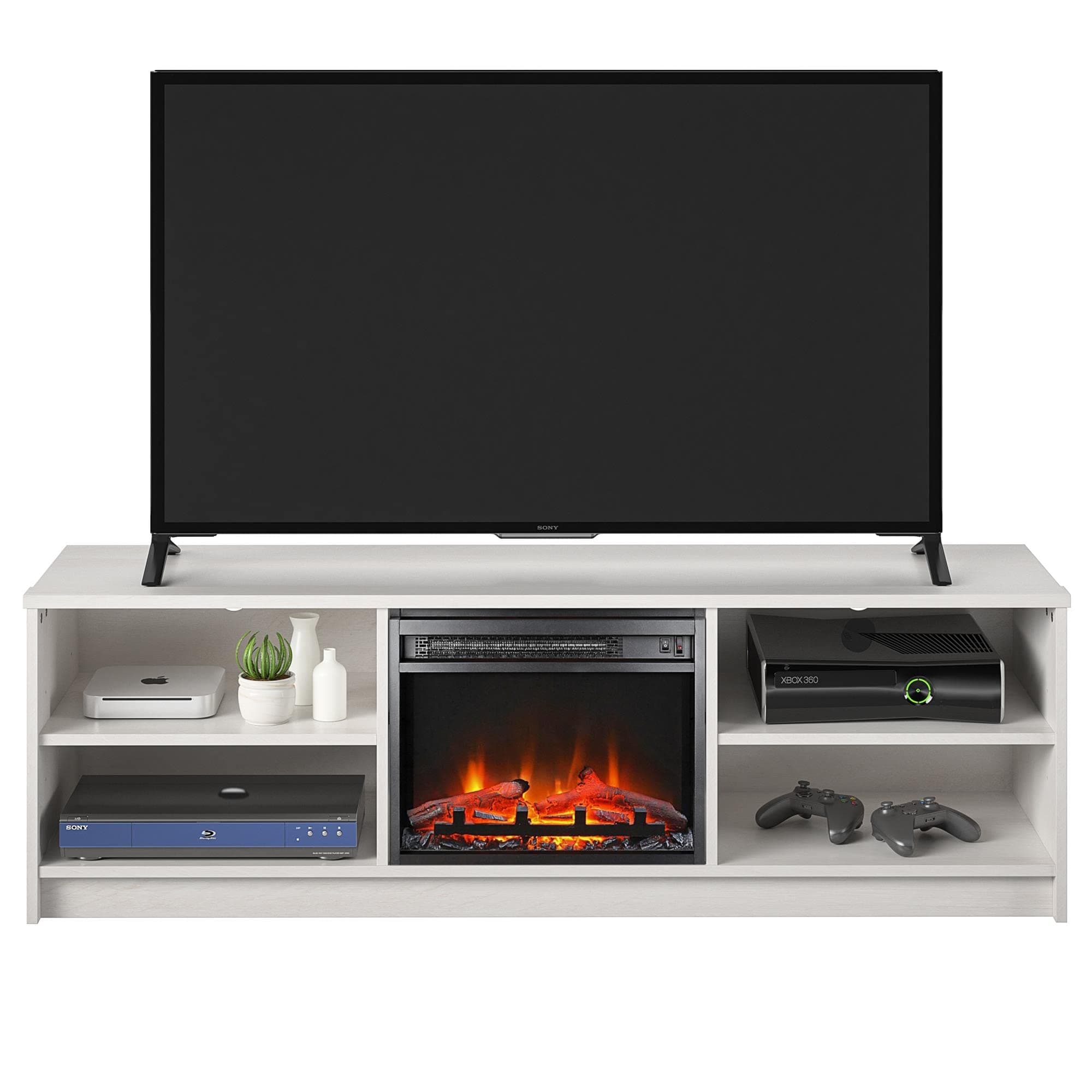 Ameriwood Home Noble TV Stand with Electric Fireplace Insert and 4 Shelves, 65”, Ivory Oak
