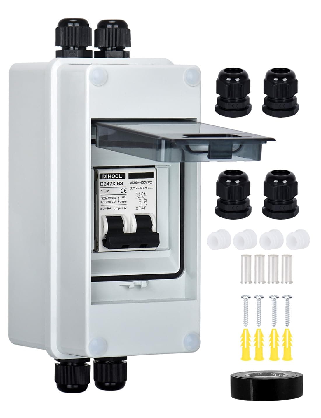 DIHOOL AC DC Circuit Breaker with IP65 Din Box for Solar Systems, 10 Amp 2 Pole 12V-400V, Non Polarized, Solar Panel Disconnect Switch, PV Array Shut Off Isolator