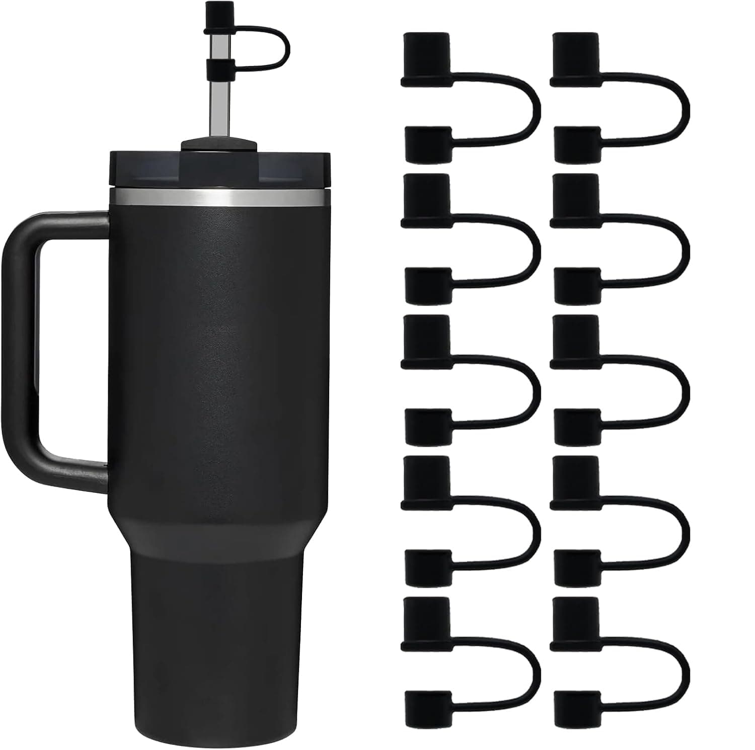 5Pcs Silicone Straw Covers for Stanley, Straw Toppers, Straw Cap for Stanley, Owala, Osse Tumblers (10pcs-Basics-Black)