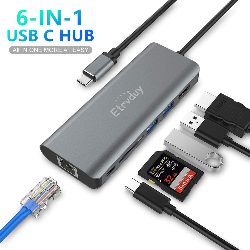 Etrvduy USB C Hub, Multiport USB C Adapter with 4K USB C to HDMI Converter, 2 USB 3.0, Card Reader, Type C Charging, Gigabit Ethernet, USB C Dock Compatible Apple MacBook Pro 13/15/16 (Thunderbolt 3)