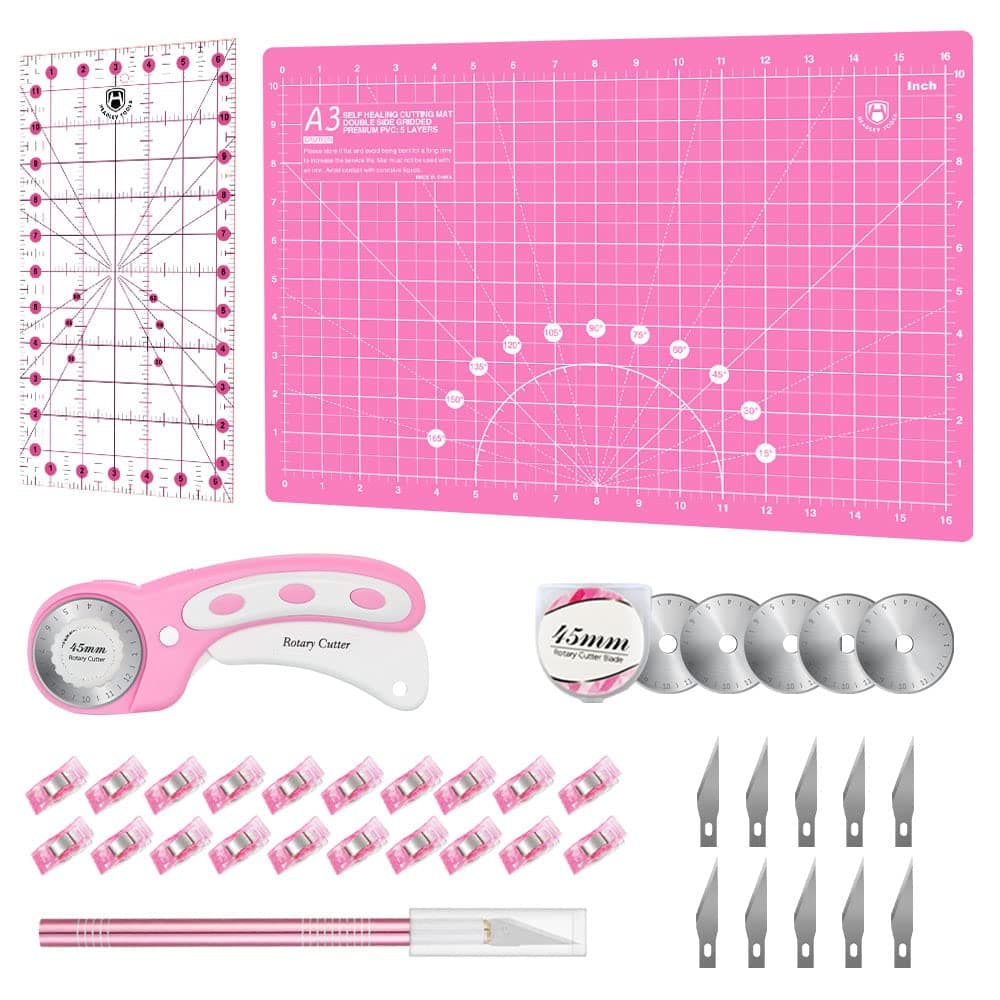 Rotary Cutter Set - 45mm Fabric Cutter, 5 Replacement Rotary Blades, A3 Cutting Mat, Quilting Ruler and Sewing Clips, Craft Knife Set, Ideal for Crafting, Sewing, Patchworking, Pink