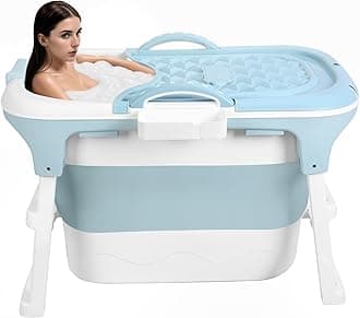 40" Foldable Bathtub, Portable Plastic Soaking Tub with Thermal Cover, Drain Pipe, Large Space Design for Adults, Easy to Store and Carry, 105cm x 67cm x 72cm(Blue)