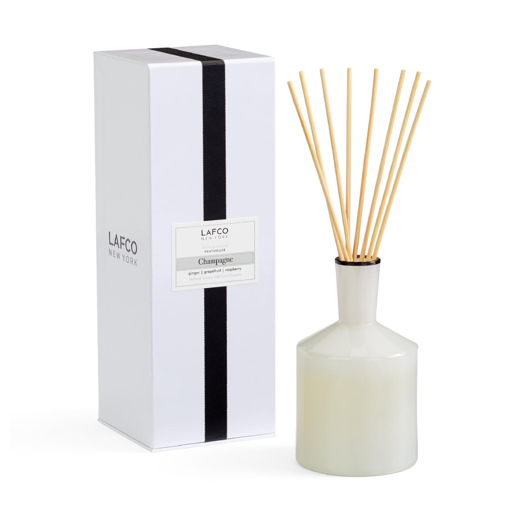 LAFCO New York Classic Reed Diffuser, Champagne - 6 oz - Up to 3 Months Fragrance Life - Reusable, Hand Blown Glass Vessel - Natural Wood Reeds - Made in The USA
