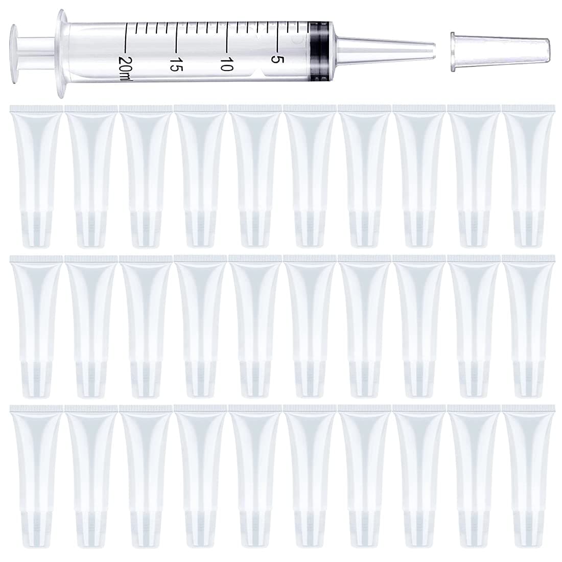 BAQI 30Pcs 10ml Clear Lip gloss Empty Tubes Containers with 1Pc 20ml Plastic Syringe Dispensing, Refillable Empty Lipgloss Tube Cosmetic Containers Soft Tube for Women & Girls DIY Lip Balm Cosmetics