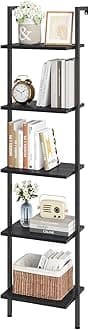 ELYKEN Ladder Shelf, 5-Tier Wood Wall Mounted Bookshelf with Metal Frame, Vintage Open Display Organizer Rack, Leaning Storage Shelves for Living Room, Bedroom, Home Office, Black