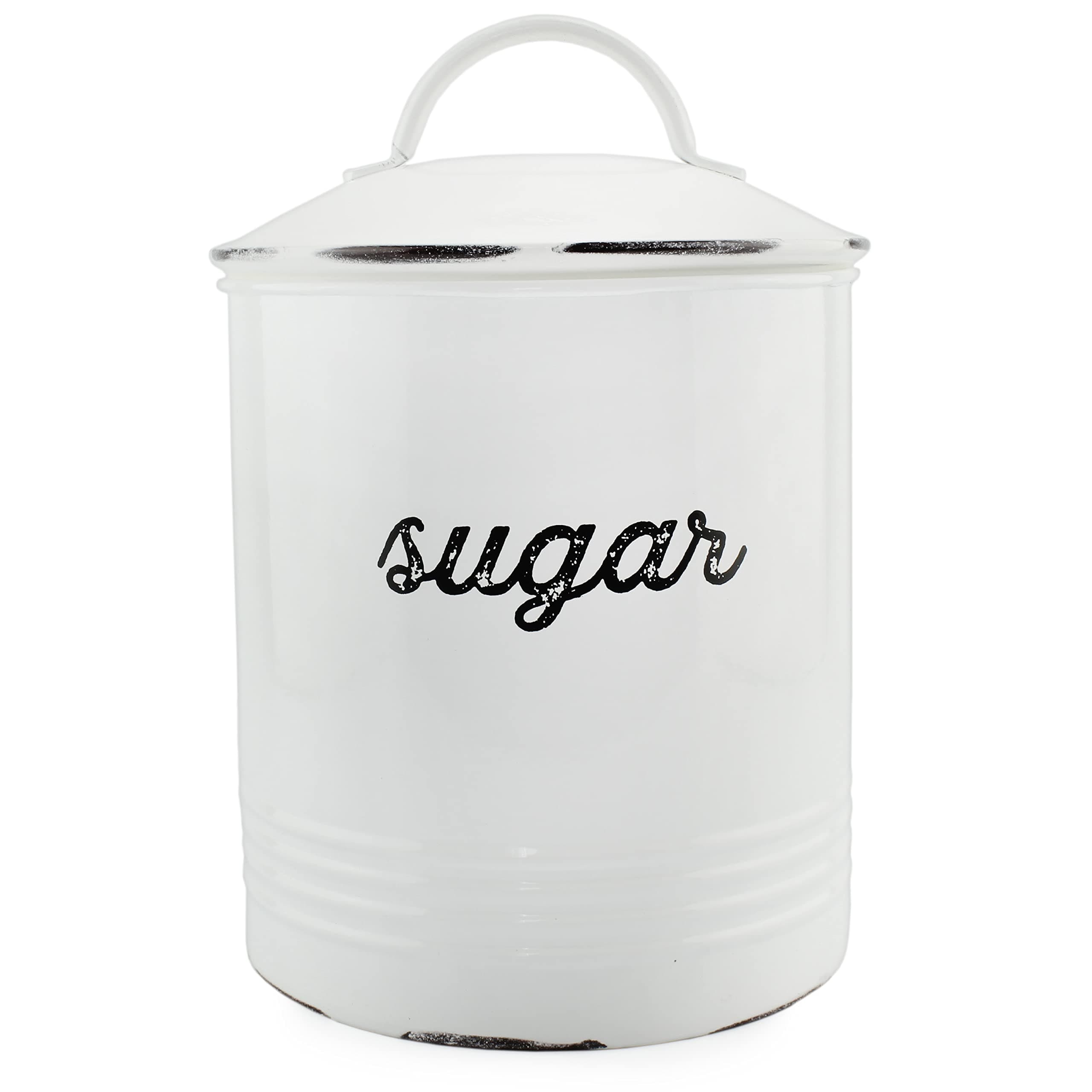 Enamelware White Sugar Canister; Rustic Distressed Style Staples Storage for Kitchen
