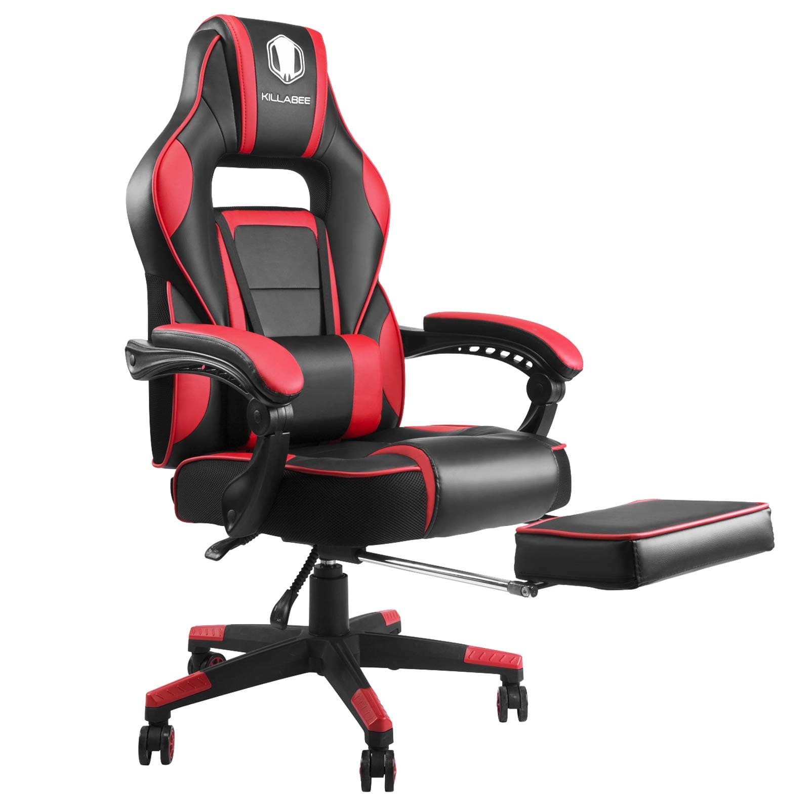 KILLABEE Massage Reclining Gaming Chair - Ergonomic High-Back Racing Computer Desk Office Chair with Retractable Footrest and Adjustable Lumbar Cushion, Red/Black
