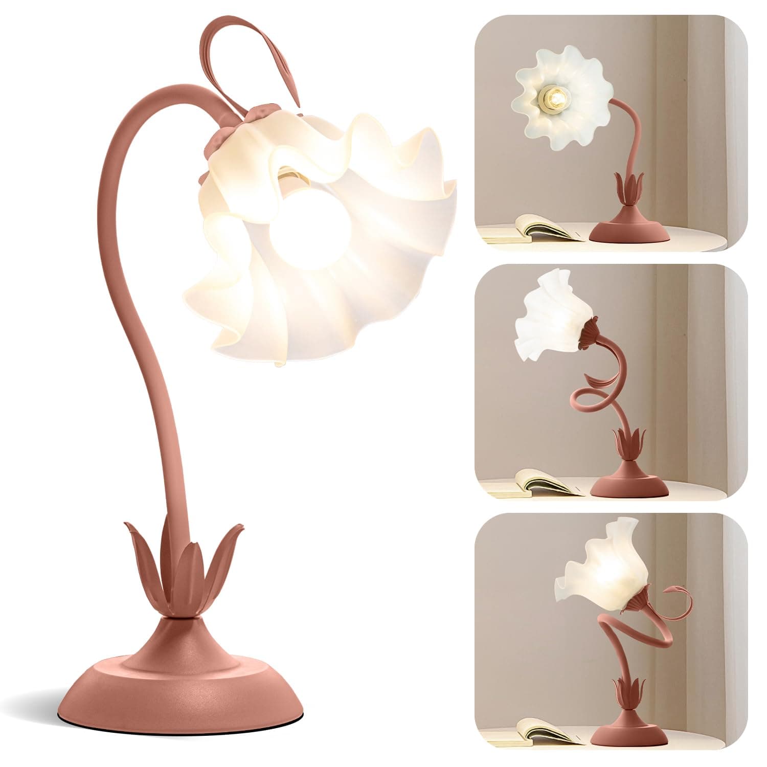 Flower Table Lamp, LED Reading Light Vintage Bedside Table Lamp with 3 Color Modes for Nightstand, Kawaii Decoration for Home Bedroom Living Room (Pink)