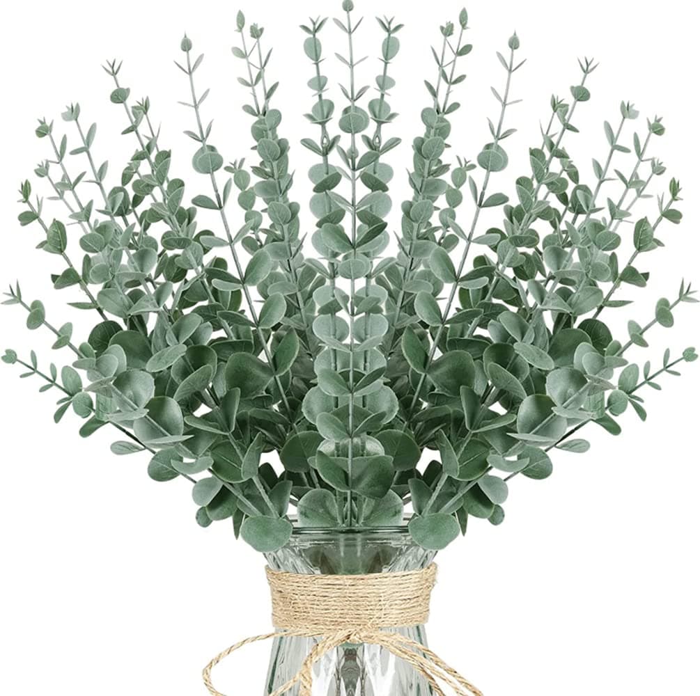 JKWINS 24 Pcs Eucalyptus Leaves Artificial Stems Real Grey, Green Real Touch Plant Branches Artificial Flowers for Home Office Centerpiece Wedding Banquet Flower Arrangement Decoration 15in (Green1)