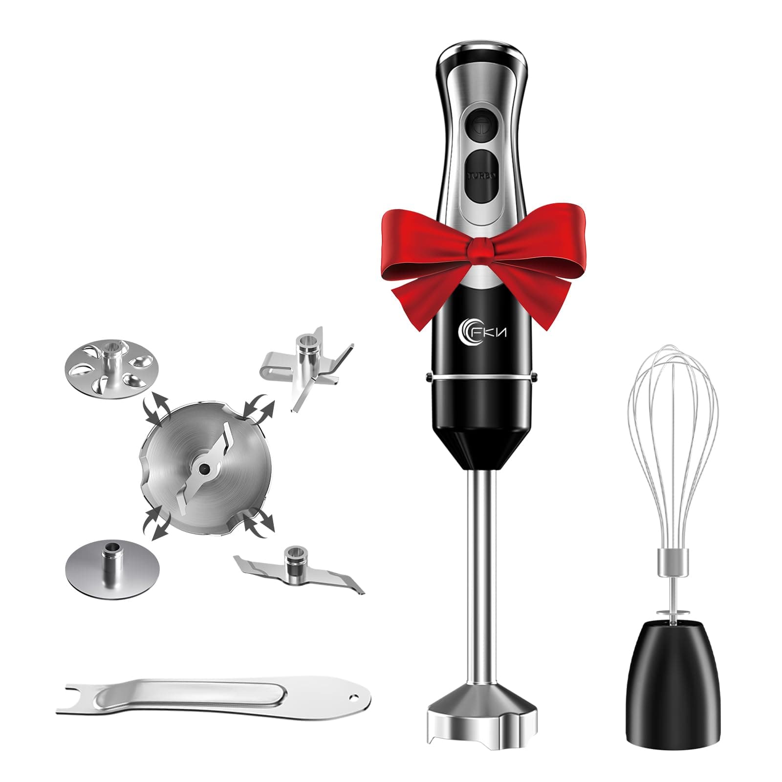 FKN Immersion Blender Handheld with 4 Interchangeable Blades,6-in-1 Hand Blender Electric with 8 Speed and Turbo Mode,Handheld Blender Stick with 800W Heavy Duty Motor,and Whisk, 6-in-1 Black(800W)