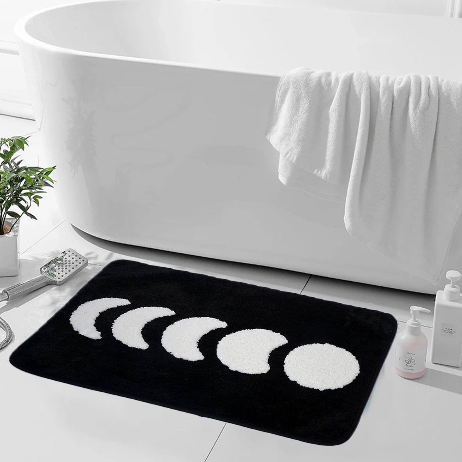 Boho Moon Bath Mat Black and White Bathroom Rugs Water Absorbent Bath Rugs Non Slip Bath Rug for Shower, Bedroom, Toilet,Washable Microfiber Bath Mats(24 inch X 16 inch)
