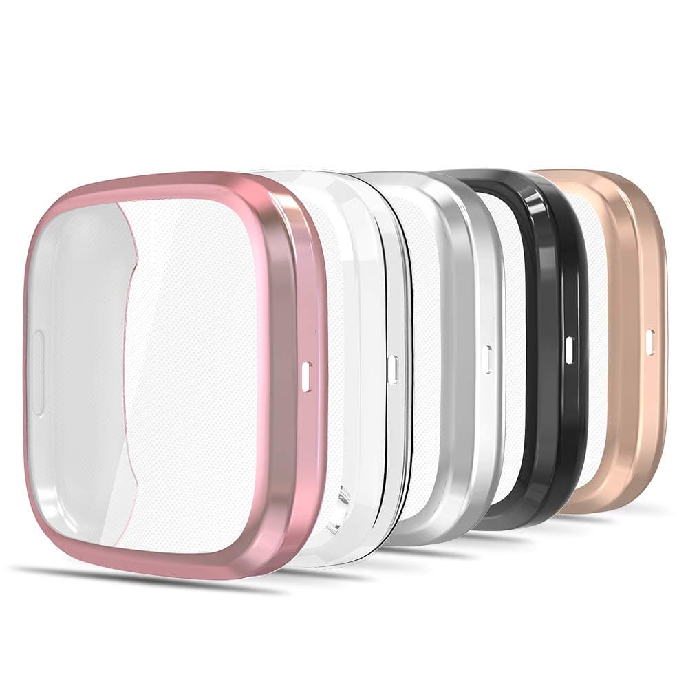 Simpeak Screen Protector Case Compatible with Fitbit Versa 2 Smartwatch, Pack of 5, Full Protection, Soft TPU Plated Bumper Cover, Rose Pink/Clear/Silver/Black/Rose Gold