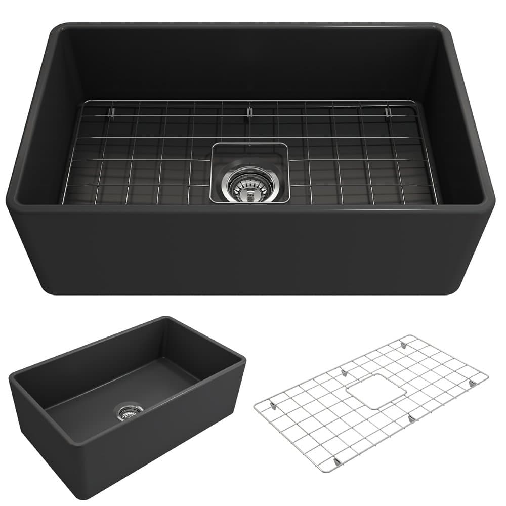 BOCCHI Classico Farmhouse Apron Front Fireclay 30 in. Single Bowl Kitchen Sink with Protective Bottom Grid and Strainer in M.Dark Gray