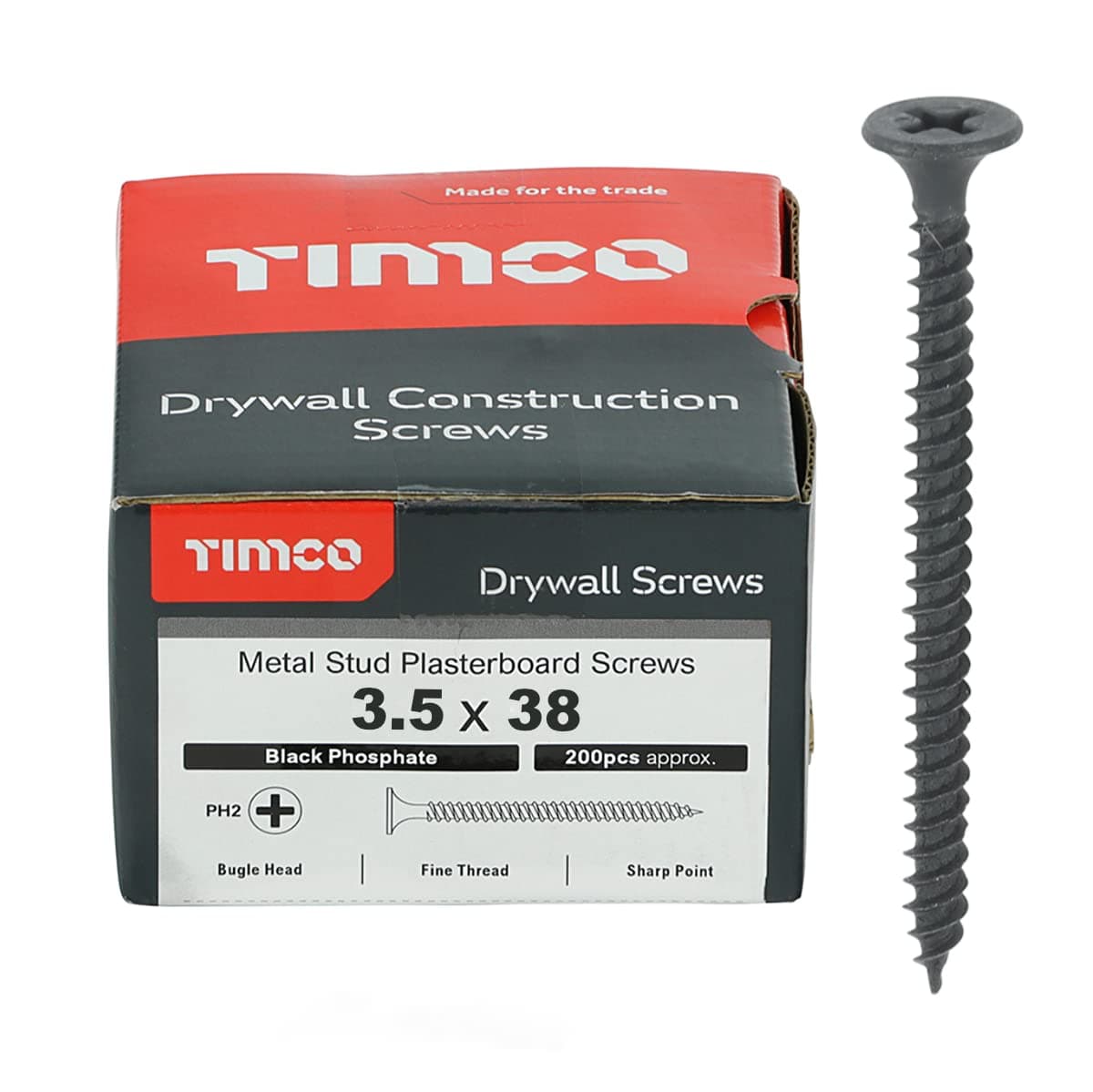 TIMCO PH2 Philips Drywall Screws - 3.5 x 38 - Black - Box of 200