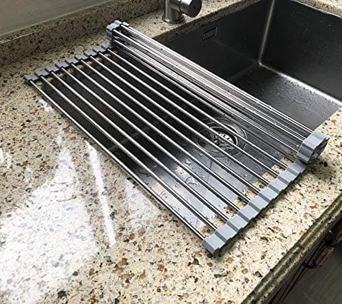 15.8" x 15.5" Small Dish Drying Rack, Attom Tech Home Roll Up Dish Racks Multipurpose Foldable Stainless Steel Over Sink Kitchen Drainer Rack for Cups Fruits Vegetables