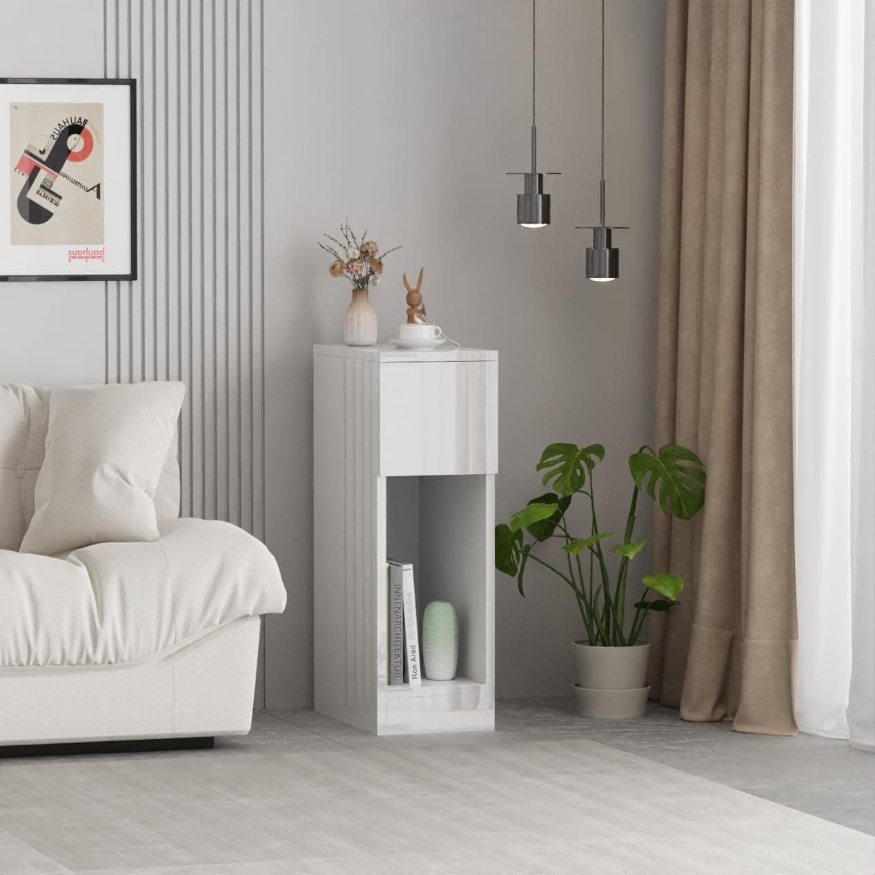 Pantanal 20CM Slim Bedside Table Cabinet White with Drawer Shelf, Small Narrow Wood Bed Side Table End Table Nightstand for Bedroom Living Room