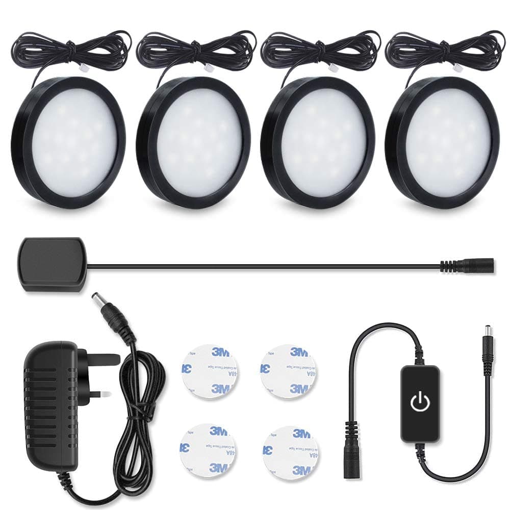 LightingWill LED Under Cabinet Lighting Kit,LED Under Cabinet Puck Lights,680lm Daylight White 6000K,CRI90+,Touch Dimming,All Accessories Included, for Kitchen, Closet Lights, Safe Light,(4 Pack)