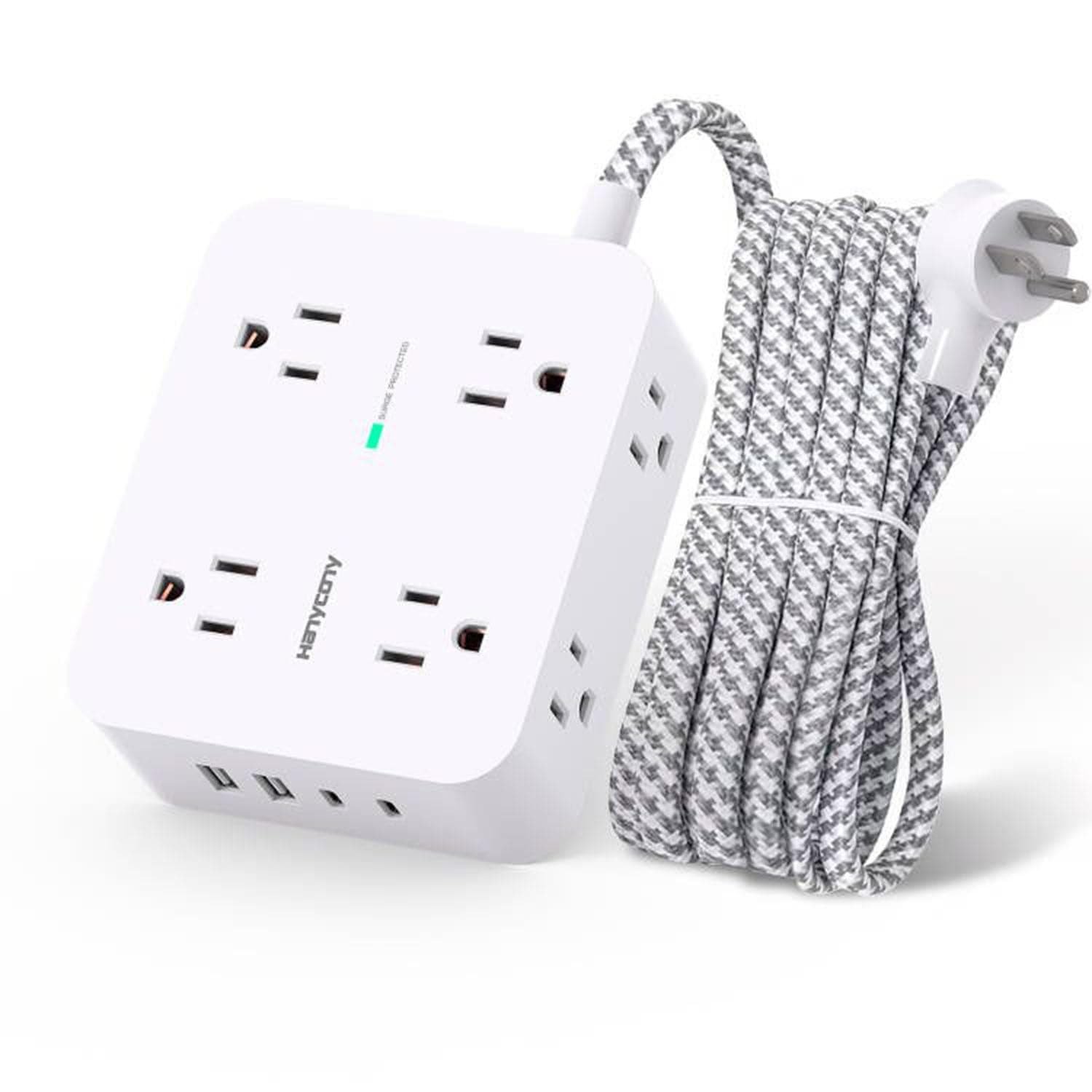 Surge Protector Power Strip - HANYCONY 8 Outlets 4 USB (2 USB C) Charging Ports, Multi Plug Outlet Extender, 5Ft Braided Extension Cord, Flat Plug Wall Mount Desk Charging Station for Home Office ETL