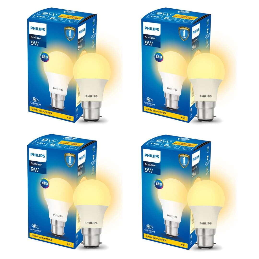 Philips 9-Watts B22 LED Warm White LED Bulb, Pack of 4, (Ace Saver)