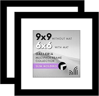 Americanflat 9x9 Picture Frame with Polished Plexiglass - Set of 2 - Use as 6x6 Frame with Mat or Display 9x9 Photo Without Mat - Galleria Collection - Square Frames for Tabletop and Wall - Black