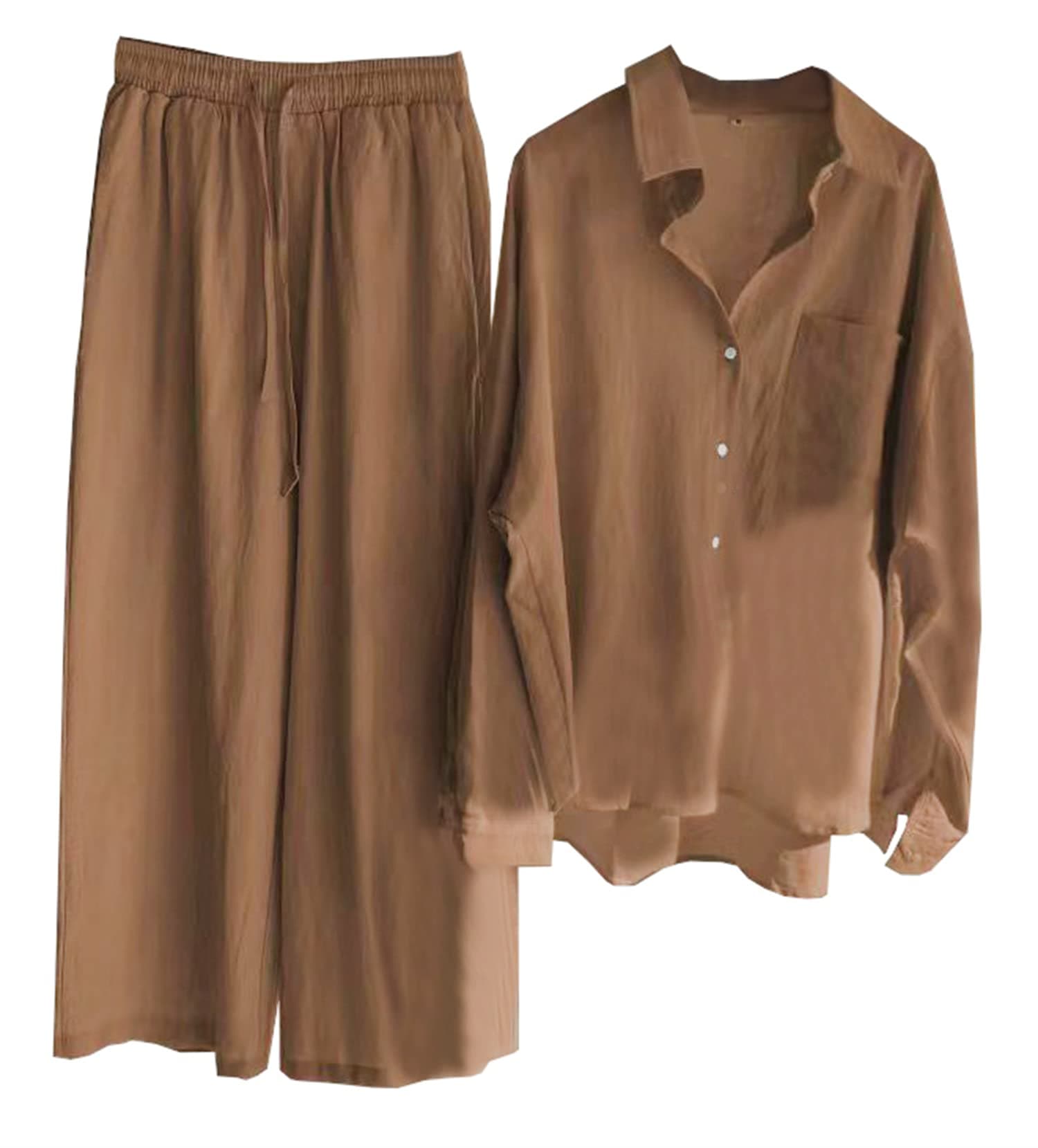 Beralst Women's 2 Piece Pants Set, Linen Button Down Shirt + Wide Leg Pants