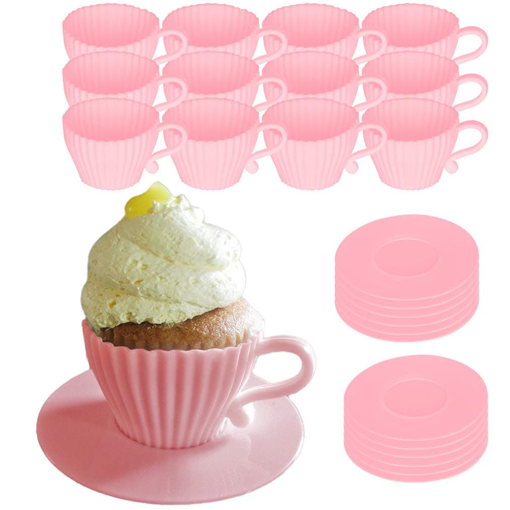 Baking Cupcake Molds - Silicone Teacup Set - 24 Pc Set - Oven-Safe - Nonstick - Muffin Cups for Bridal/Baby Shower, Birthday/Tea Party - 12 Cups & 12 Saucers - BPA Free