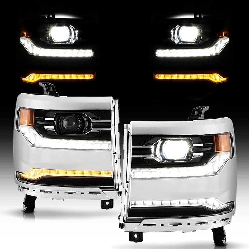 ACANII - For 2016-2018 Chevy Silverado 1500 All Model Chrome LED DRL Projector Headlights Headlamps w/HID Type Adapter