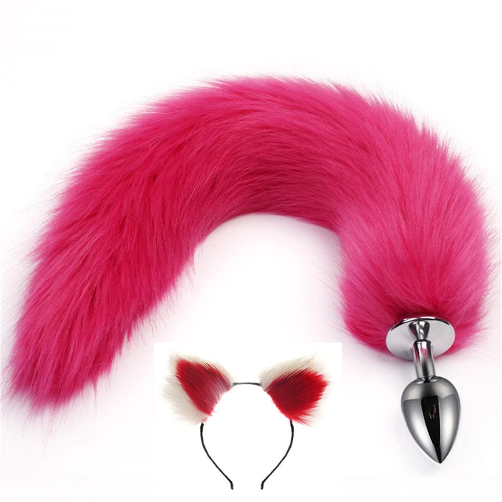 Rose Red Interval Three Sizes Fluffy Faux Fox Tail & Cat Ears Headband Charms Role Play Costume Party Cosplay Accessories (White-Red, S)