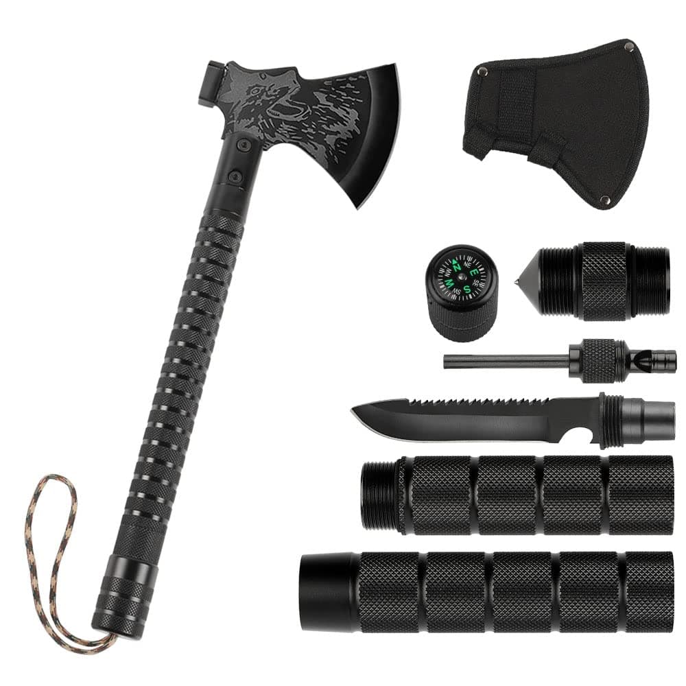 CASAVIDA Survival Camping Axe, Folding Camping Hatchet Multifunctional Throwing Axe Set with Hammer, Survival Kit Tactical Tomahawk for Outdoor Camping Hiking Garden, Black