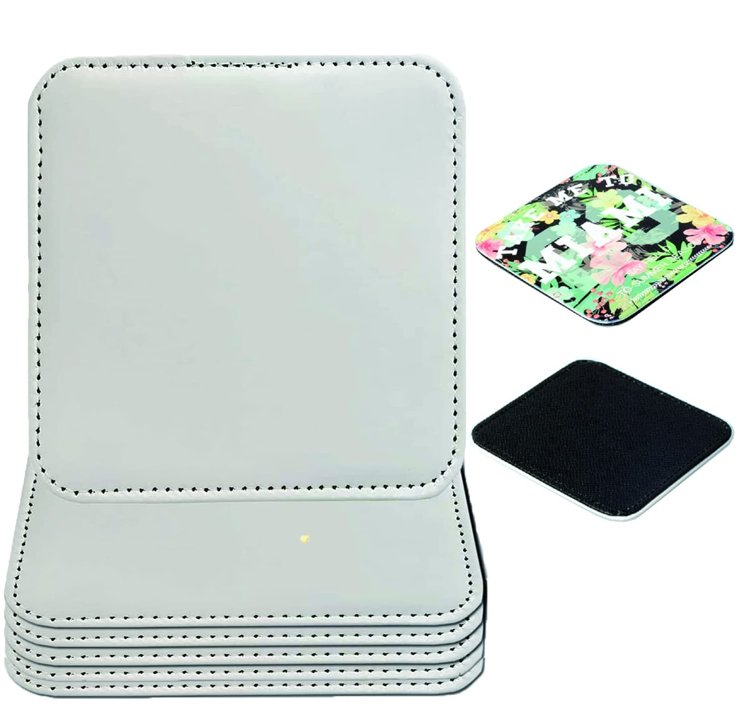 ACENTRY Sublimation PU Blank Surface for Heat Transfer Mug Coaster for Drinks, Black Leather Coasters Set of 6, Square, 9.5×9.5cm, Water and Dust Resistant, Protect Furniture from Scratch/Stains