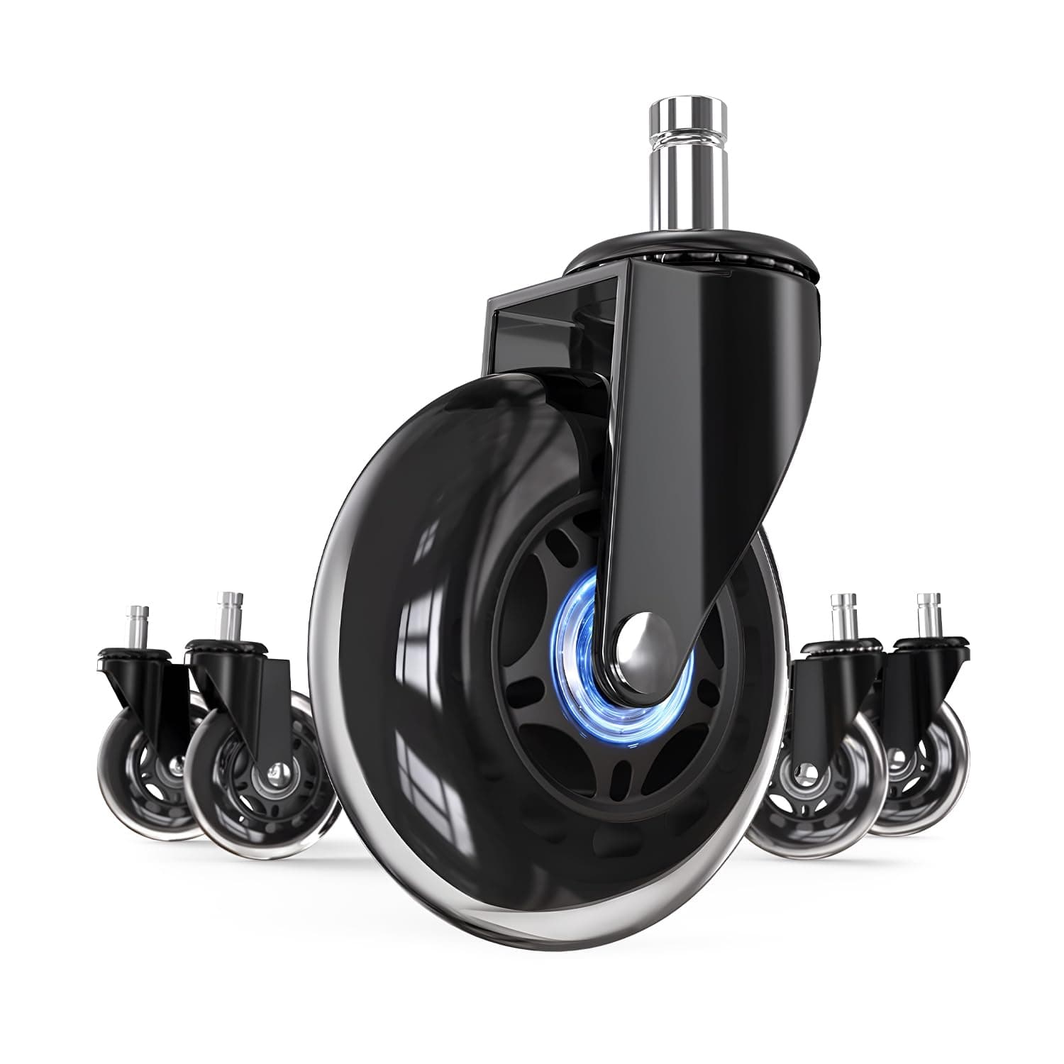 3-Inch Universal Fit Single Caster Wheels | 2 -Year Warranty | Replaceable Rollerblade Type Steel PU Rubber, Safe for All Floors (Stem Size 11/22 mm) - Set of 5