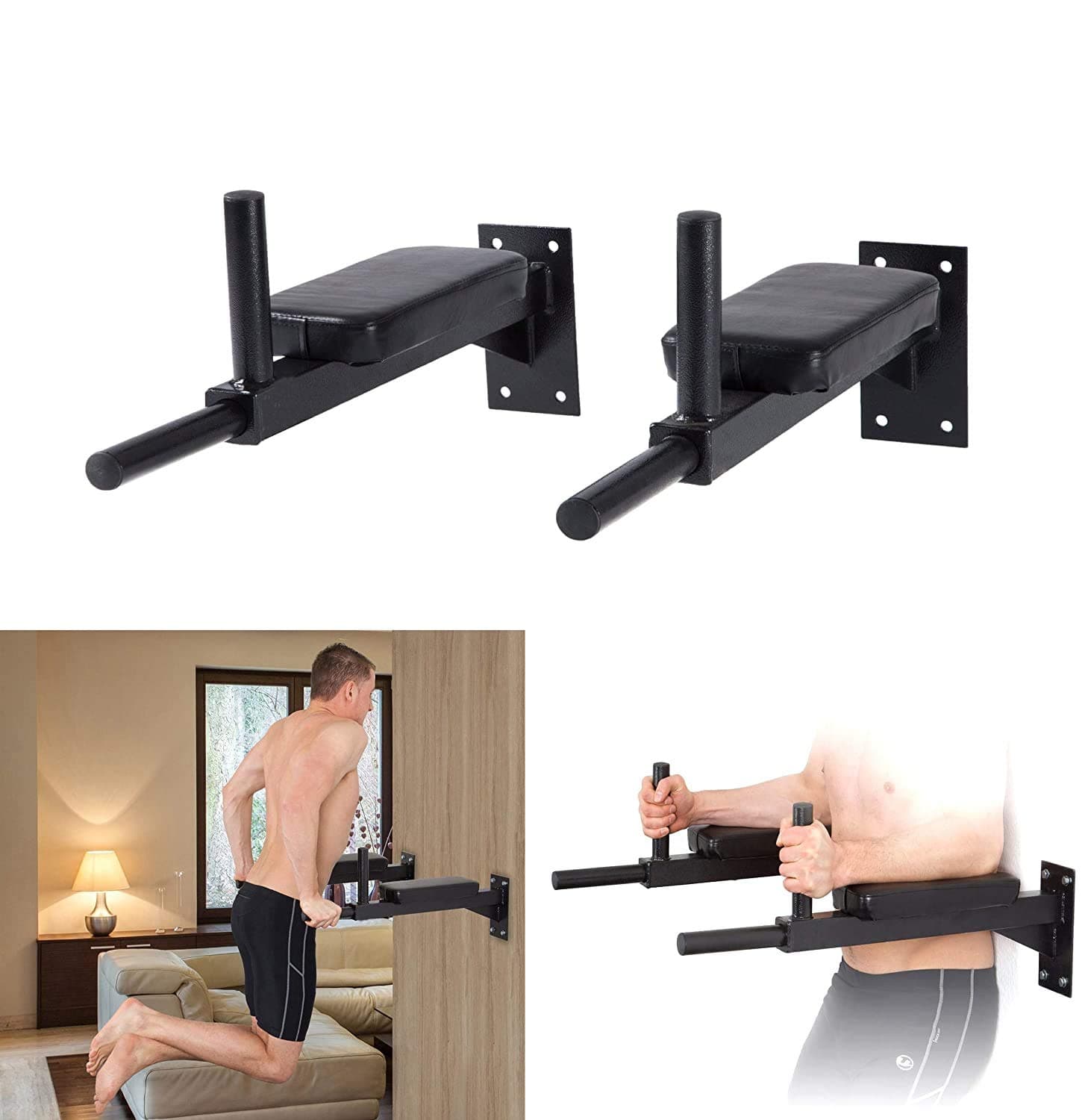 Metal Solid Dip bar with padded seats, Leg raise wall mounting Stand in Black