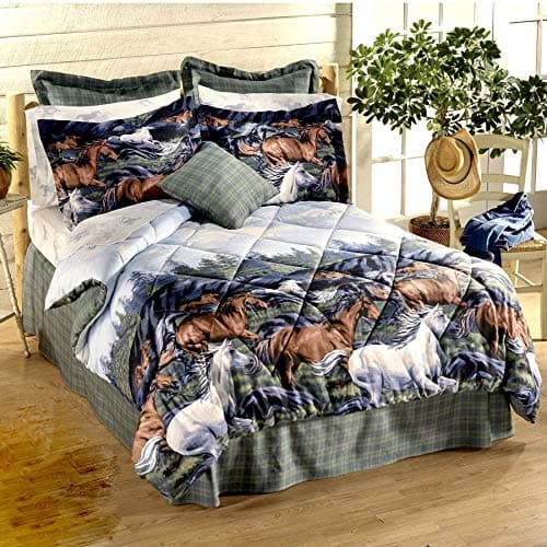 8 Pieces Full Size Comforter Set 76" x 86" Western Horses (Bed in a Bag) Equestrian Hunter Green Plaid (1, Full Size)