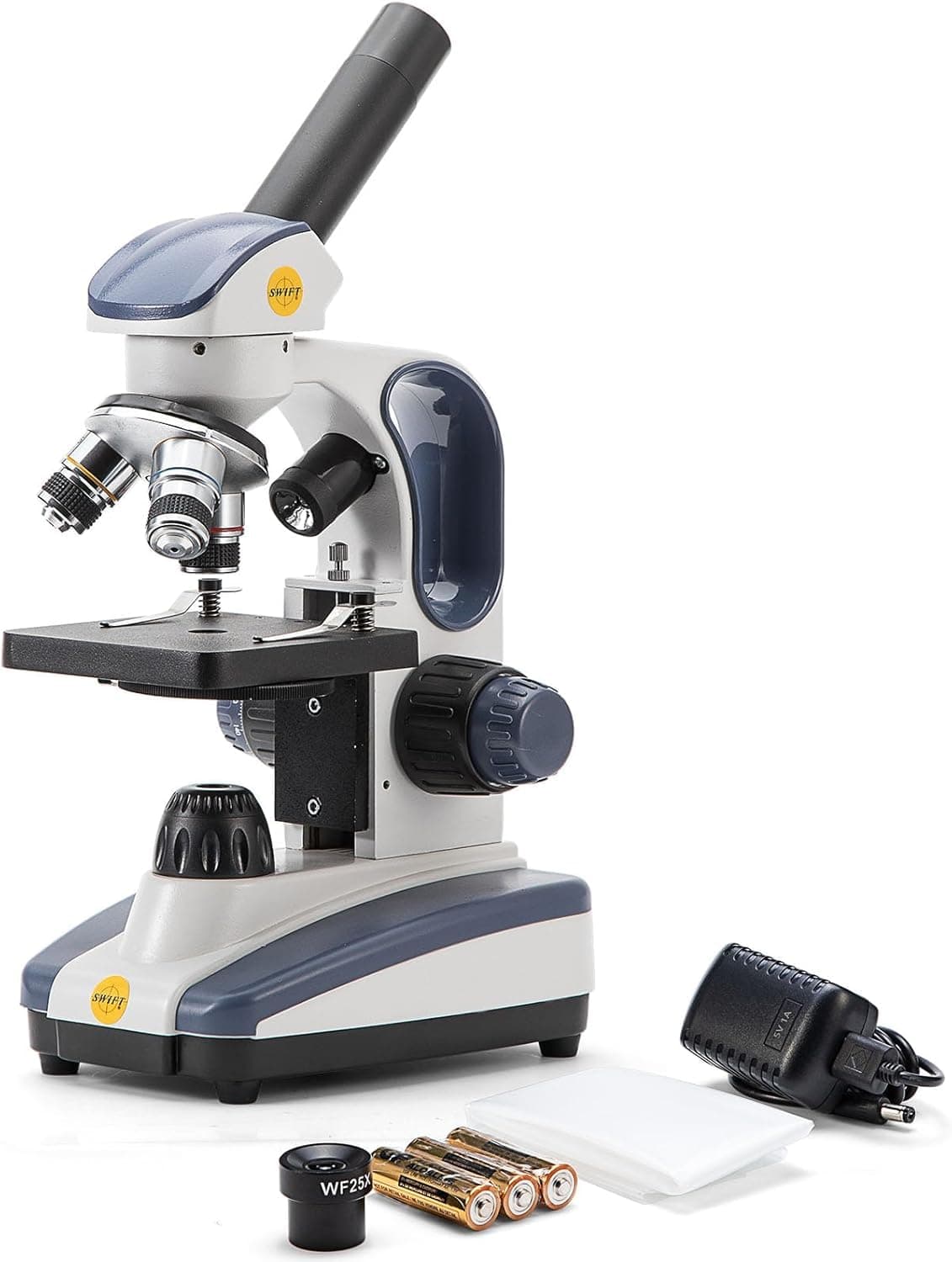 Swift Compound Monocular Microscope with 40X-1000X Magnification, Dual Light, Precision Fine Focus, Wide-Field 25X Eyepiece and Cordless Capability for Student Beginner