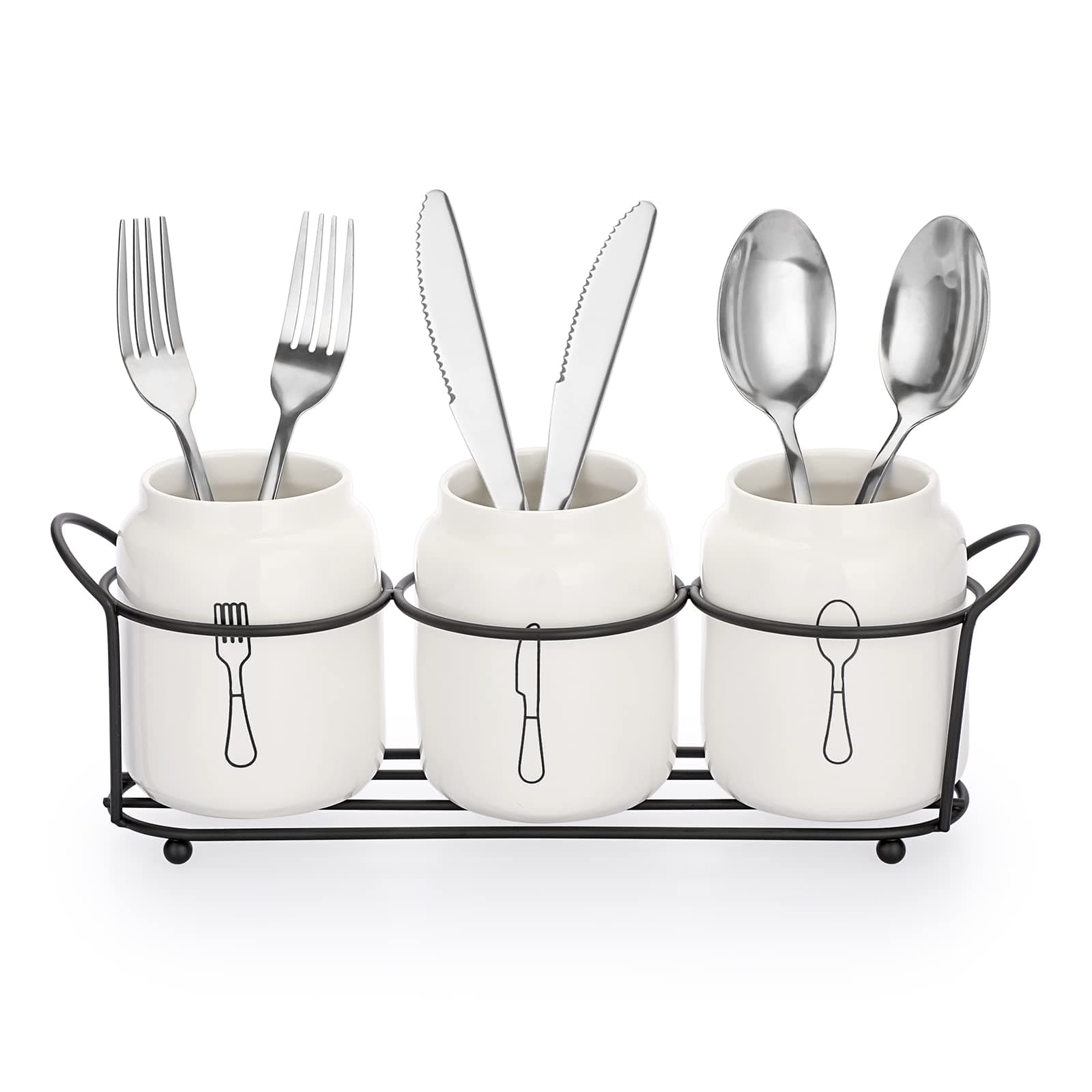 JUXYES 3-Piece Ceramic Silverware Caddy with Metal Rack, White Utensil Holder Flatware Caddy Cutlery Storage Organizer for Kitchen Table, Cutlery Organizer Flatware Caddy for Countertop