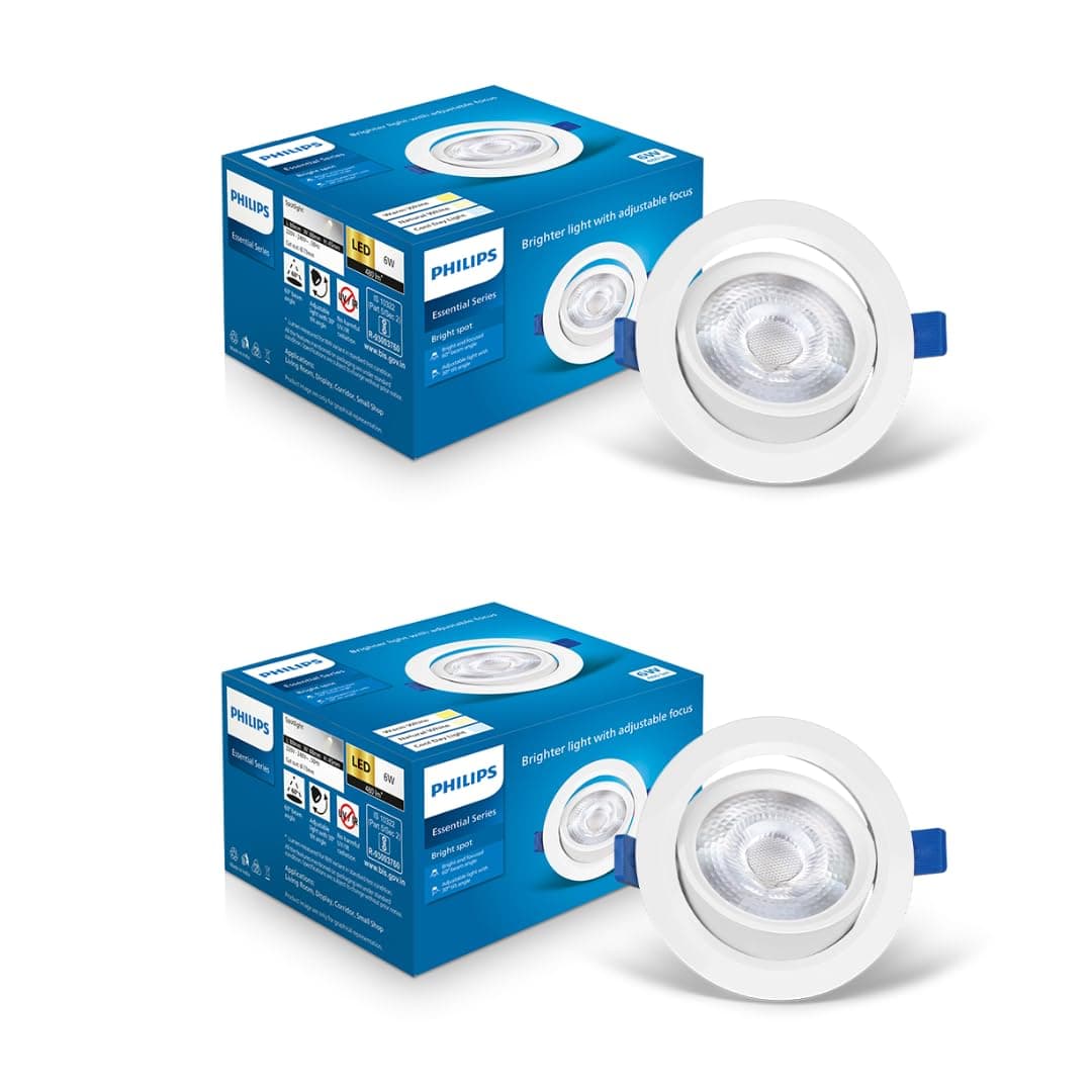 Philips Polycarbonate 6 Watt White Led Ceiling Cob Round Spot Light With Adjustable Tilt|Cut Out: 73Mm|Warm White,Pack Of 2 (Brightspot)