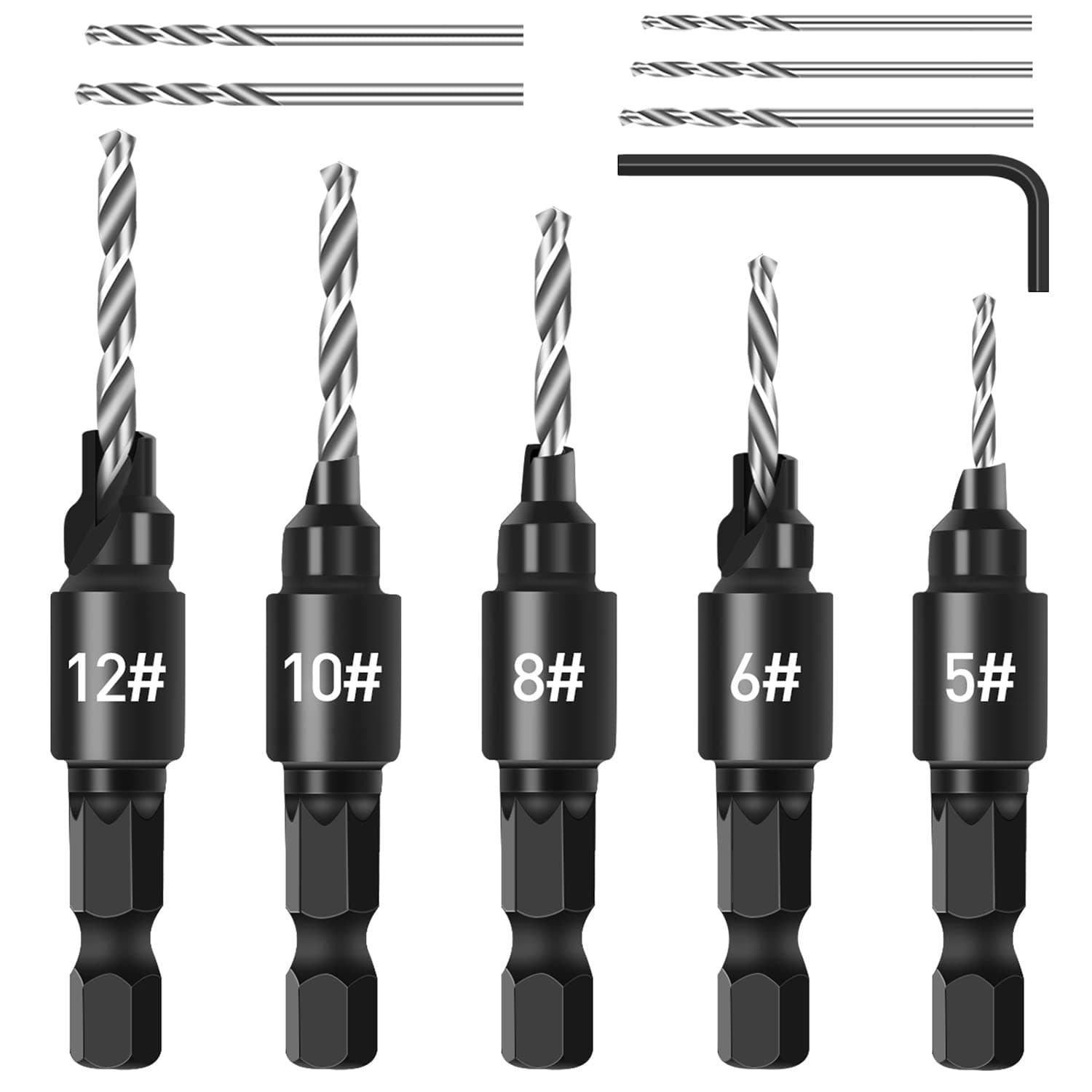 Countersink Drill Bit Set for Wood, 3 in 1 Woodworking Countersink Counterbore Drill Bit Set with Adjustable Depth Stop, #5, #6, #8, #10, #12, 82-Degree Chamfer, 1/4" Hex Shank Quick Change