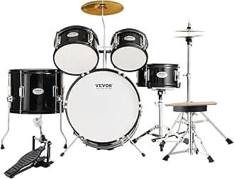 Kids Drum Set, 5 Piece 16in Beginner Youth Full Drum Set with Bass Toms Snare Floor Drum Adjustable Throne Cymbal Hi-Hat Pedal and Two Pairs of Drumsticks, Starter Drum Kit for Child Kids, Black