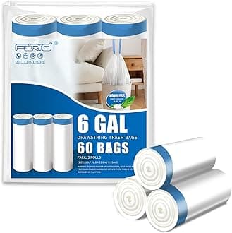 FORID Small Drawstring Trash Bags - 6 Gallon Plastic Trash Bags Heavy Duty White Trash Can Liners 60 Count Unscented Bin Bags for Kitchen Bathroom Office Home Bedroom 22 Liter