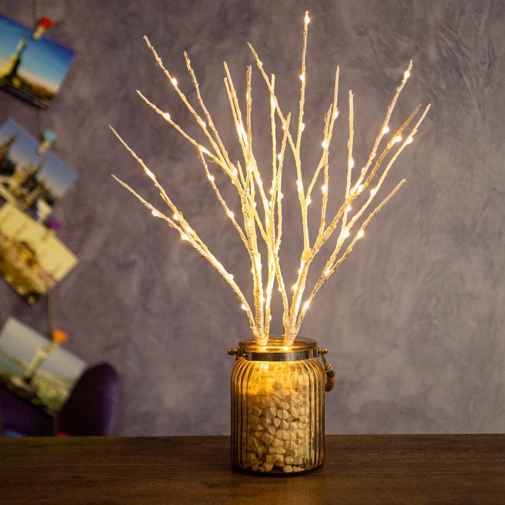 Lighted Garland with Birch Branches 6FT 48 Warm Lights, Lighted Birch Cherry Garland Battery with Timer,Pre Lit Birch Garlands for Bedroom Wall Chrismtas Decorations(US-719)