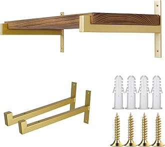 OVOV 2 Pcs Metal Shelf Brackets Heavy Duty Industrial Wall Mounted Floating Shelf Brackets (Gold) 8"