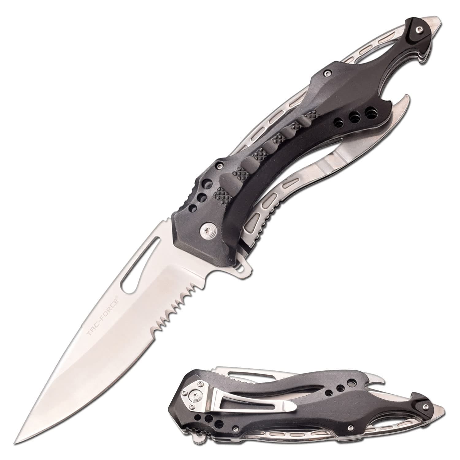 Tac-Force Folding Pocket Knife, 4.5-inch Silver Blade, Black Aluminum Handle, 10.75-inch Overall Length TF-705SBXL