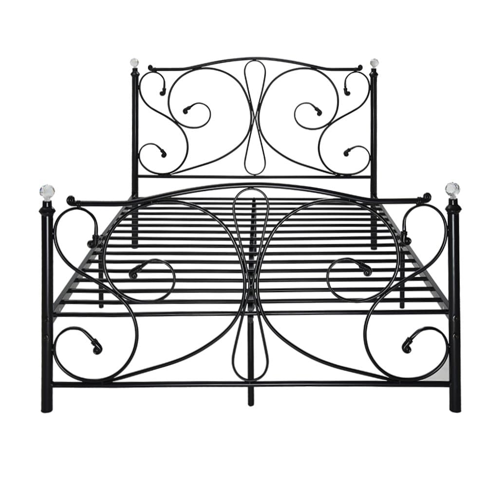 WEIBO 4FT6 Luxury Designed Double Metal Bed Frame with Crystal Finials Black Iron Bedstead for Kids Adult Bedroom