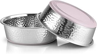 URBUDDIES 2 Pack Hammered Stainless Steel Dog Bowls, 11 Cup, Pink Bottom