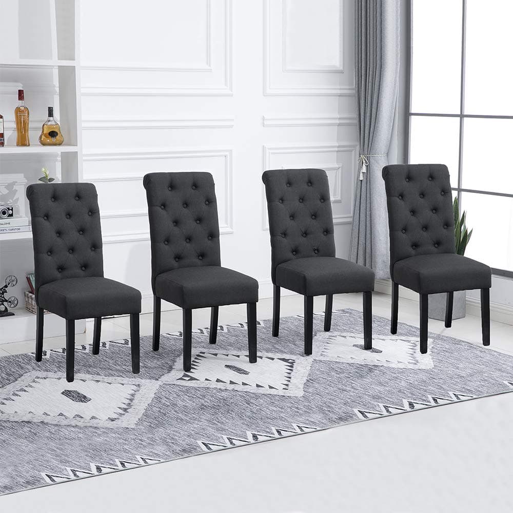 Modern Charcoal Grey Dining Chairs Set of 4 with Button for Kitchen Fabric Upholstered Wood Chairs Bedroom Chairs Living Room Side Chairs Restaurant