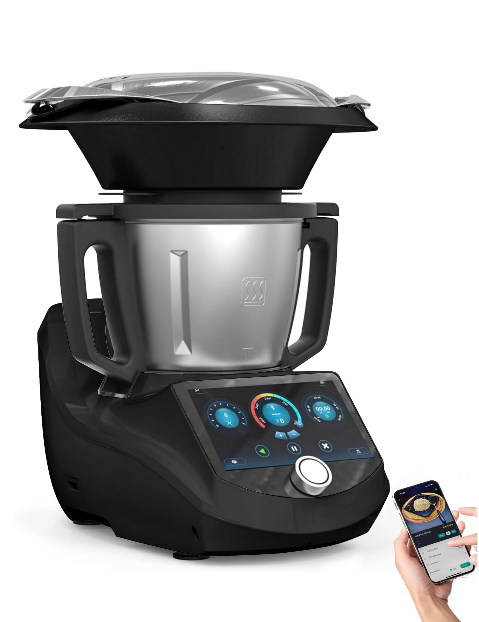 Smart Food Processor UltraCook All-in-One Auto Cooking Machine,3.5L Capacity,600+ Online Recipes, Built-in Scale, 7 inch TFT Screen, Self-Cleaning, Multifunctional Kitchen Appliance (CR-7-Black)