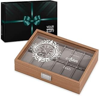 Maverton Personalised Watch Box for Men - Wooden Watch Case with Engraved Personal Glass Lid - Stylish Elegant Watch Holder for 12 Watches - A Gift for Men on Birthday - 25th Birthday